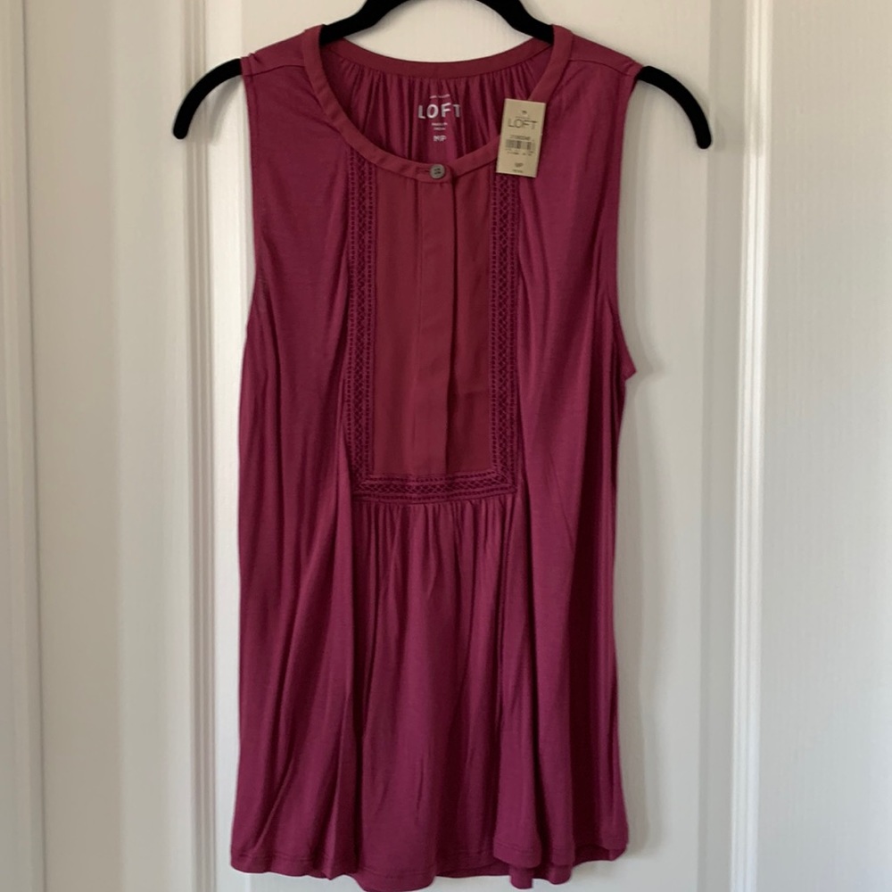 NWT LOFT Purple Mixed Materials Lattice Detail Sleeveless Top Size MP